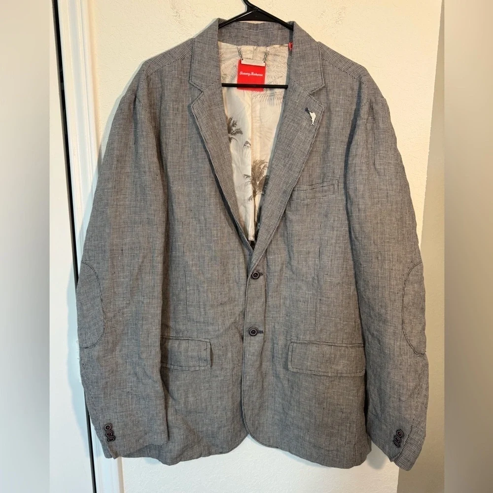 Tommy Bahama Linen Blazer Houndstooth Sport Coat Black White Mens Size XL